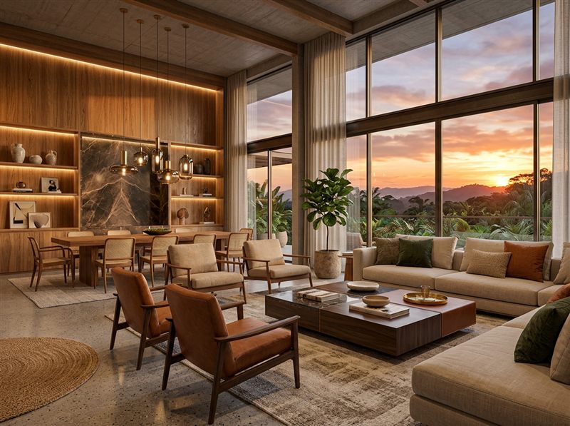 Renderização 3D realista de sala de estar iluminada ao entardecer